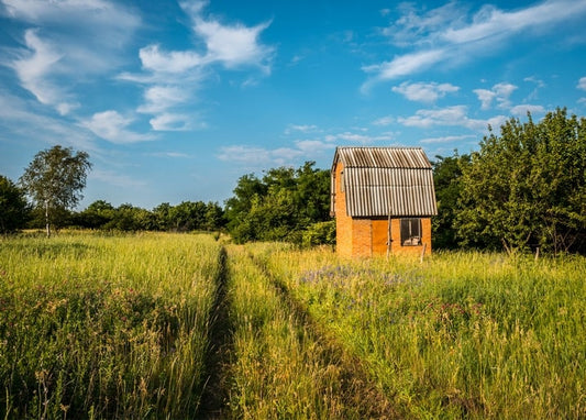 Weathered brick barn with a rusty roof standing in a sunlit meadow near Chuhuiv