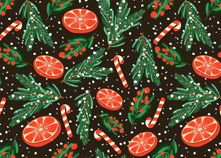 Orangenscheiben, Zuckerstangen und Tannenzweige auf dunklem Hintergrund mit Schnee