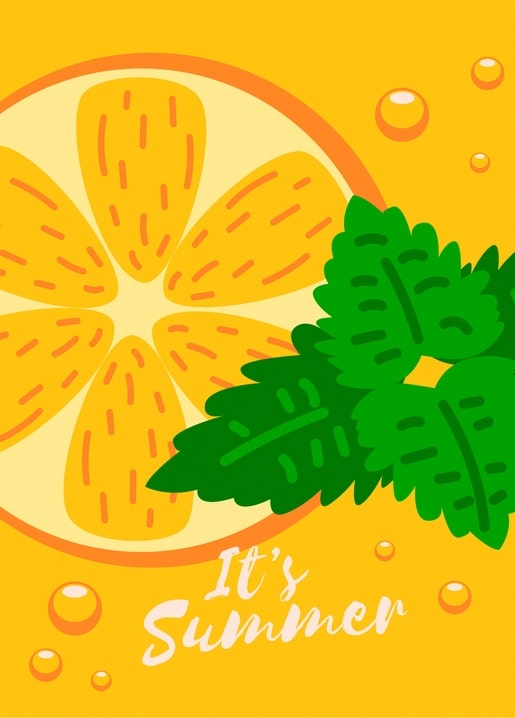 Illustrated orange citrus slice with mint leaves and water droplets on yellow background