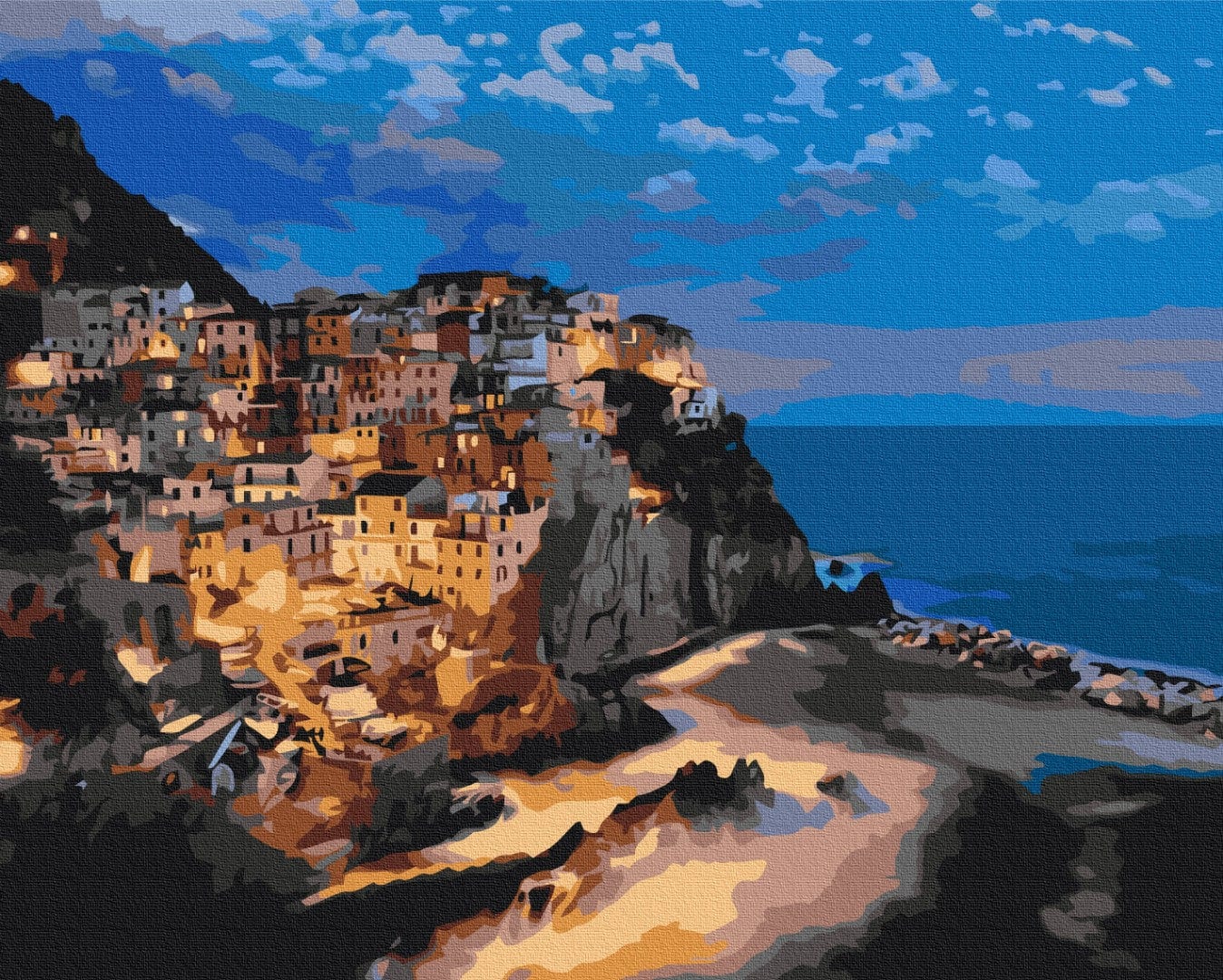 Illuminated cliffside village overlooking the sea at dusk, paint-by-numbers canvas artwork