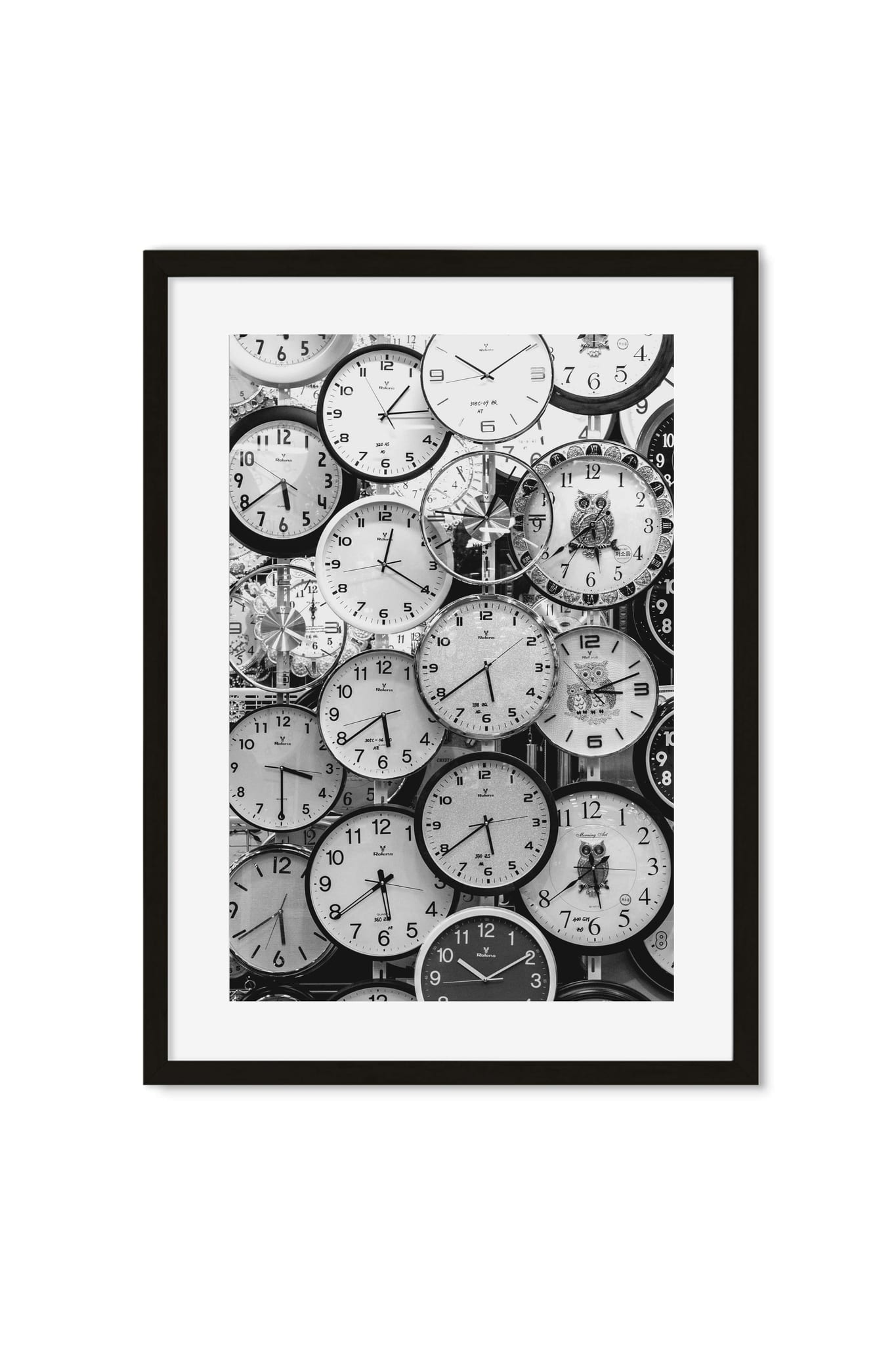 Black-and-white photo collage of dozens of overlapping clock faces, including one shaped like an owl