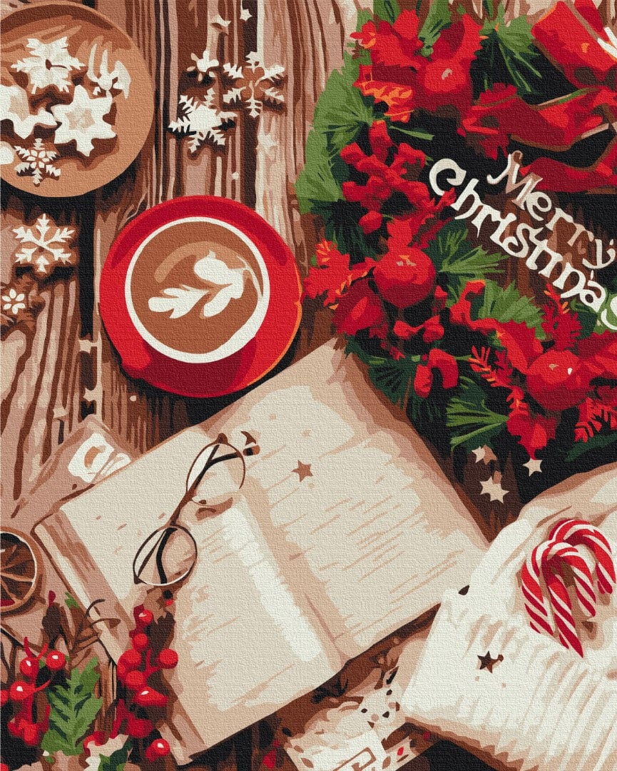 Malen-nach-Zahlen-Motiv mit weihnachtlichem Stillleben aus Lebkuchen, Kakao und Zuckerstangen