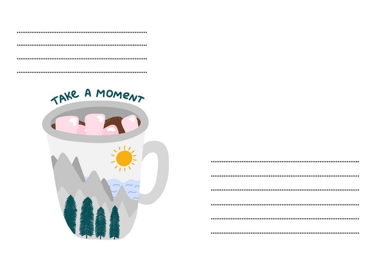 Illustrierte Kakaotasse mit Marshmallows und Berglandschaft, Schriftzug „Take a moment“