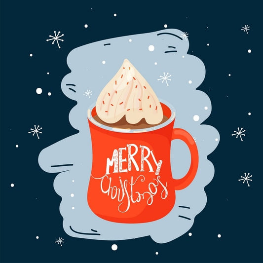 Red mug of hot cocoa with whipped cream and Merry Christmas lettering