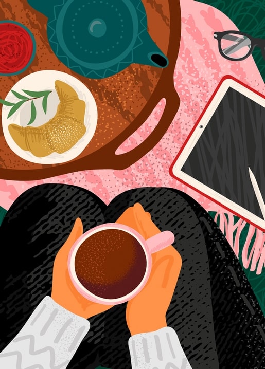 Illustrated flat lay of hands holding coffee, a croissant, teapot, and tablet on a pink throw