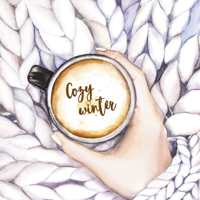 Aquarellillustration: Hand hält Kaffeetasse mit Schriftzug „Cozy winter“ auf einer Strickdecke