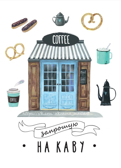 Postkarte mit Café-Fassade, „COFFEE“-Schild, Eclairs, Brezel und Marshmallow-Tasse