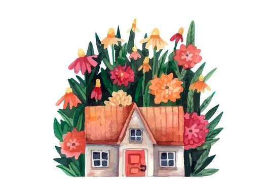 Watercolor cottage with red door hidden behind coneflowers and dahlias