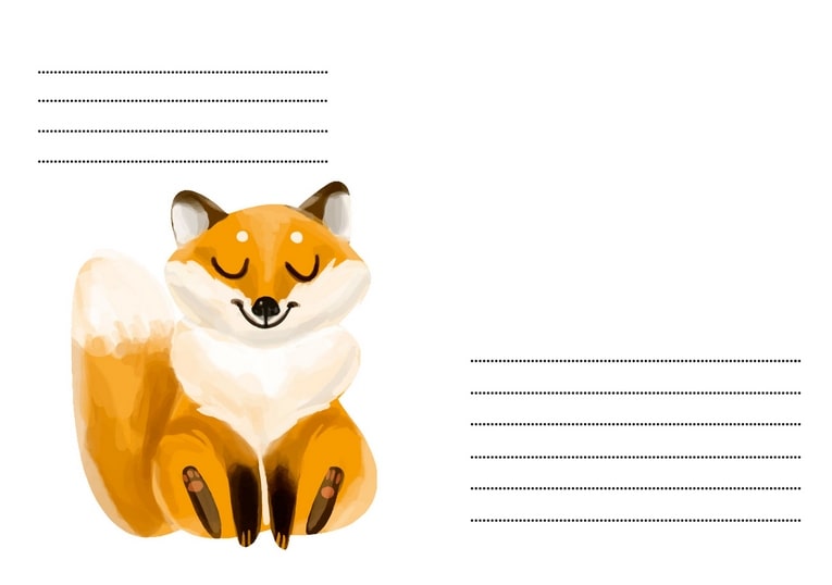 Aquarellierter Fuchs sitzt mit geschlossenen Augen und eingerolltem Schwanz auf einem Umschlag