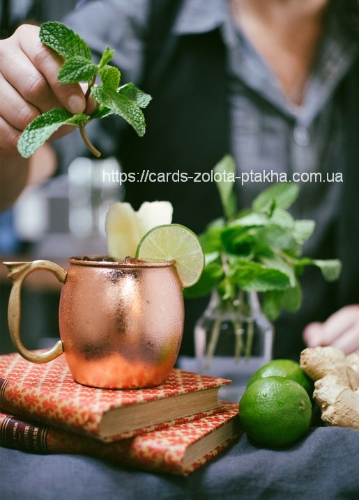 Kupferbecher-Cocktail mit Minze und Limettenscheibe auf gemusterten Büchern