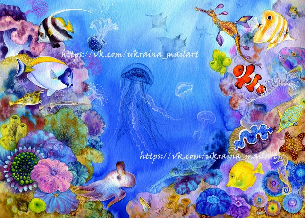 Ілюстрований кораловий риф із клоуновою рибкою, морським коником, восьминогом і медузами