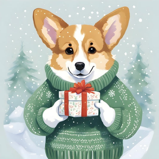 Illustrated corgi in a green sweater holding a wrapped gift as snow falls among pine trees