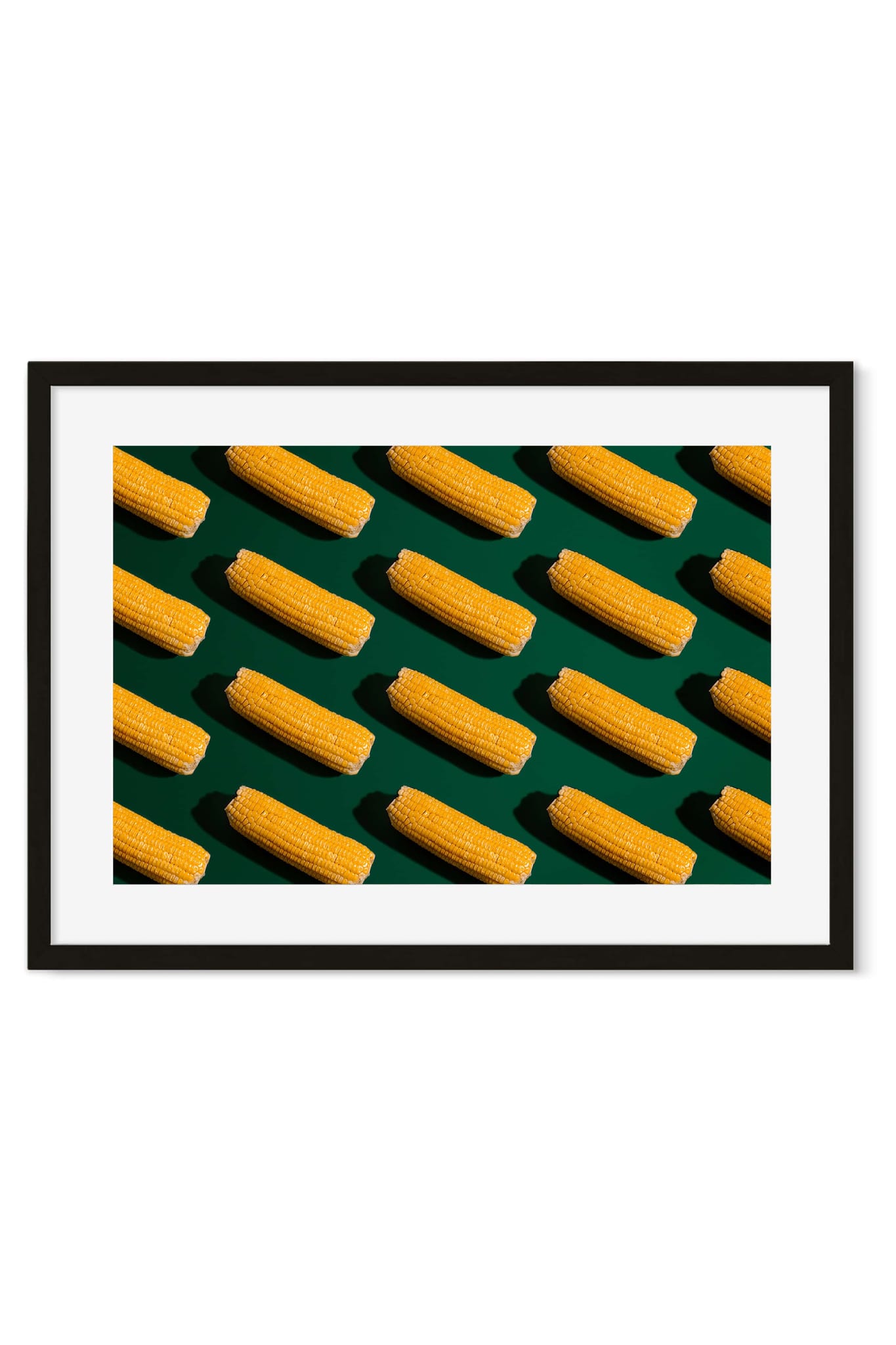 Repeating pattern of yellow corn cobs on a dark green background