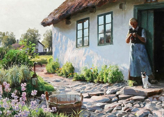 Ältere Frau strickt an der Haustür, daneben eine Katze, Gemälde von Peder Mønsted