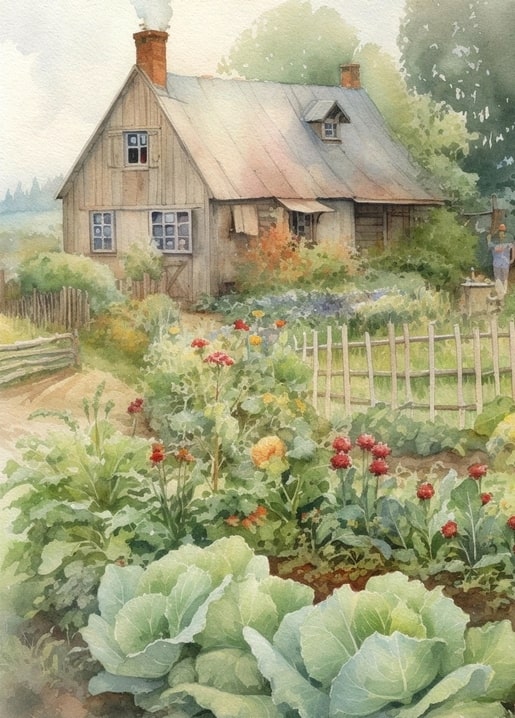 Watercolor timber cottage with smoking chimney, picket fence, cabbages and dahlias