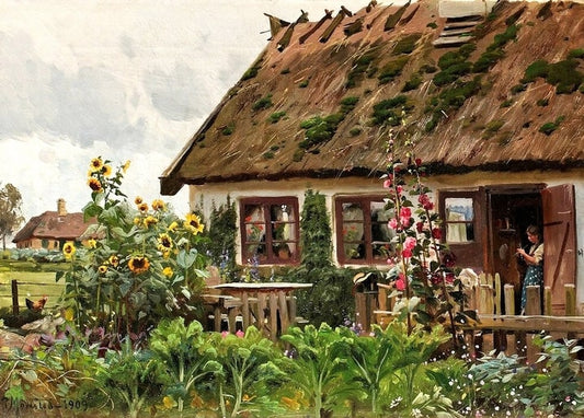 Thatched cottage with sunflowers and hollyhocks, a woman in the doorway, Peder Mønsted, 1909