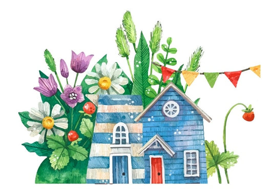 Watercolor blue cottage with tulips, daisies and colorful bunting flags overhead