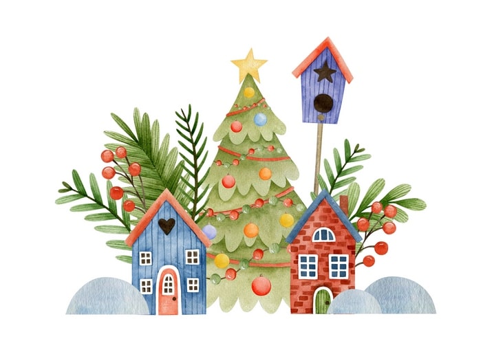 Zwei Häuschen neben einem geschmückten Tannenbaum und einem Vogelhaus, umgeben von Beeren