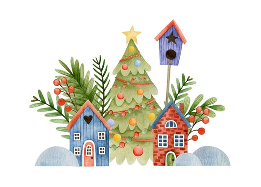 Two watercolor cottages beside a decorated fir tree and a birdhouse, surrounded by berries
