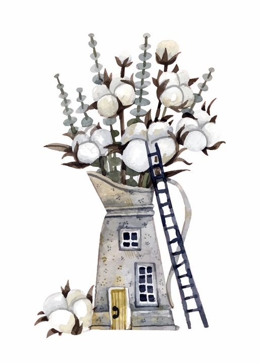 Watercolor bouquet of cotton bolls and eucalyptus in a house-shaped pitcher with a small ladder