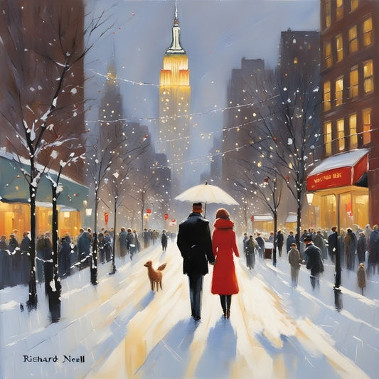 Couple and dog walking through snow on a lit-up New York street at dusk