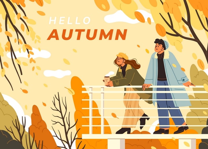 Paar am Waldgeländer, eine Person hält Kaffee, Herbstlaub wirbelt umher