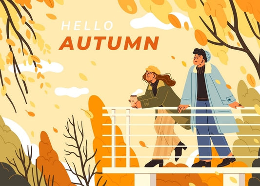 Paar am Waldgeländer, eine Person hält Kaffee, Herbstlaub wirbelt umher
