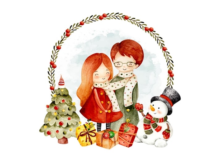 Aquarell-Postkarte mit einem umarmten Paar im Stechpalmenkranz neben Schneemann und Baum