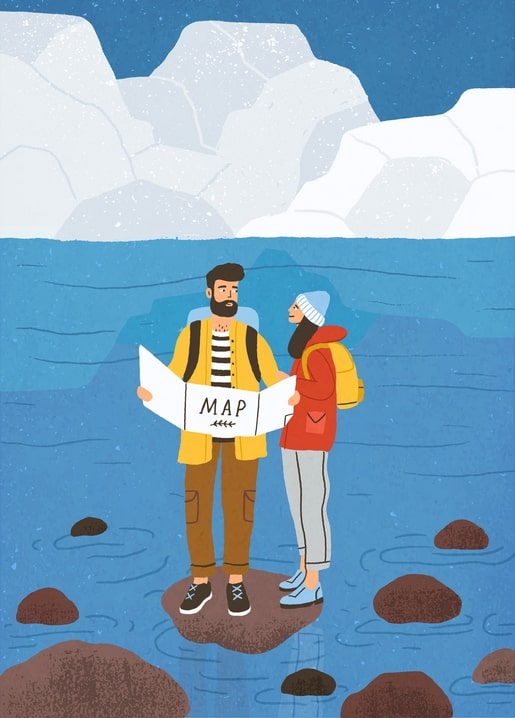 Illustrated couple studying a paper map on icy rocks with icebergs behind them