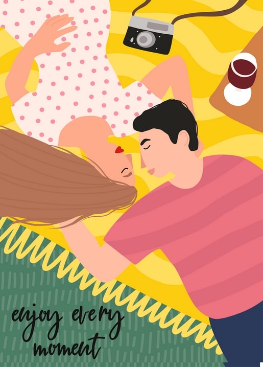 Illustriertes Paar auf einer Picknickdecke neben Kamera und einem Glas Rotwein