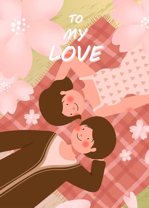 Paar liegt Kopf an Kopf auf rosa Picknickdecke zwischen Kirschblüten mit Schriftzug „To My Love“
