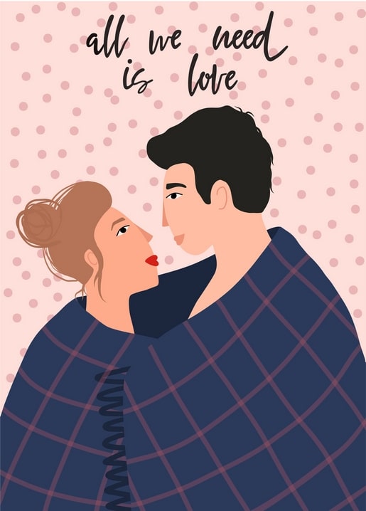 Illustriertes Paar unter einer karierten Decke mit dem Schriftzug „all we need is love“