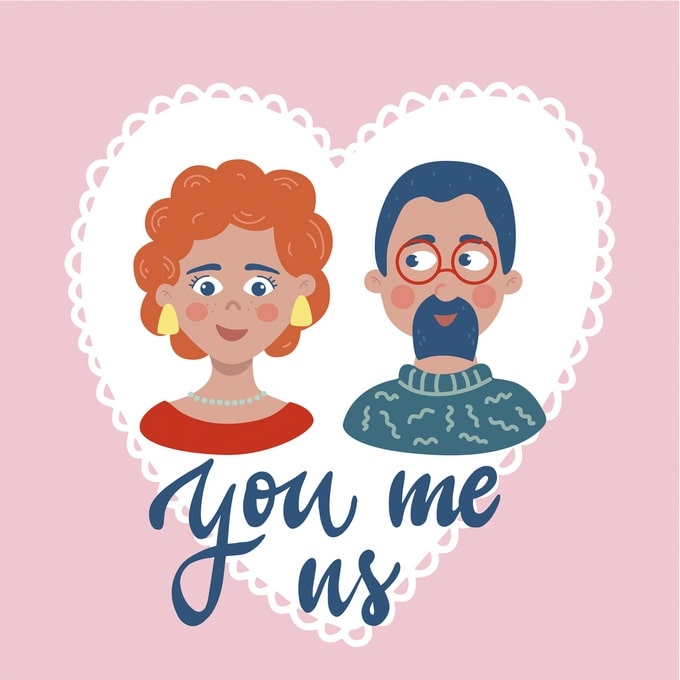 Rothaarige Frau und bärtiger Mann mit Brille in einem weißen Spitzenherz auf rosa Hintergrund