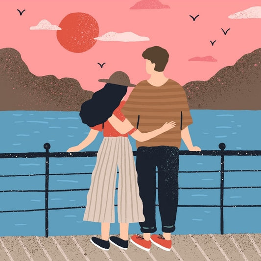 Watercolor couple watching a pink sunset over the sea from a pier railing