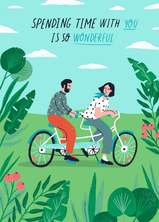 Illustrated couple riding a tandem bicycle through a green park with wildflowers