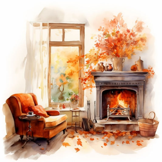 Aquarellillustration eines Sessels am Kamin mit einem Strauß herbstlicher Zweige