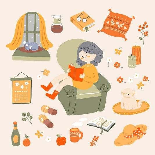 Illustrated cozy autumn scene: woman reading in an armchair with a cat, puppy, and coffee