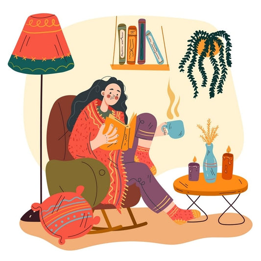 Illustration einer Frau mit Tee und Buch im Schaukelstuhl in gemütlicher Herbstatmosphäre