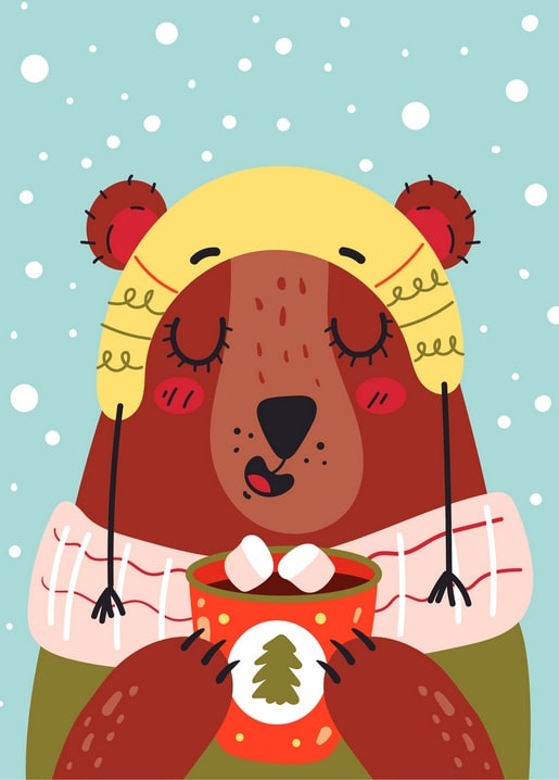Illustrated brown bear in a yellow hat holding a mug of cocoa with marshmallows in falling snow