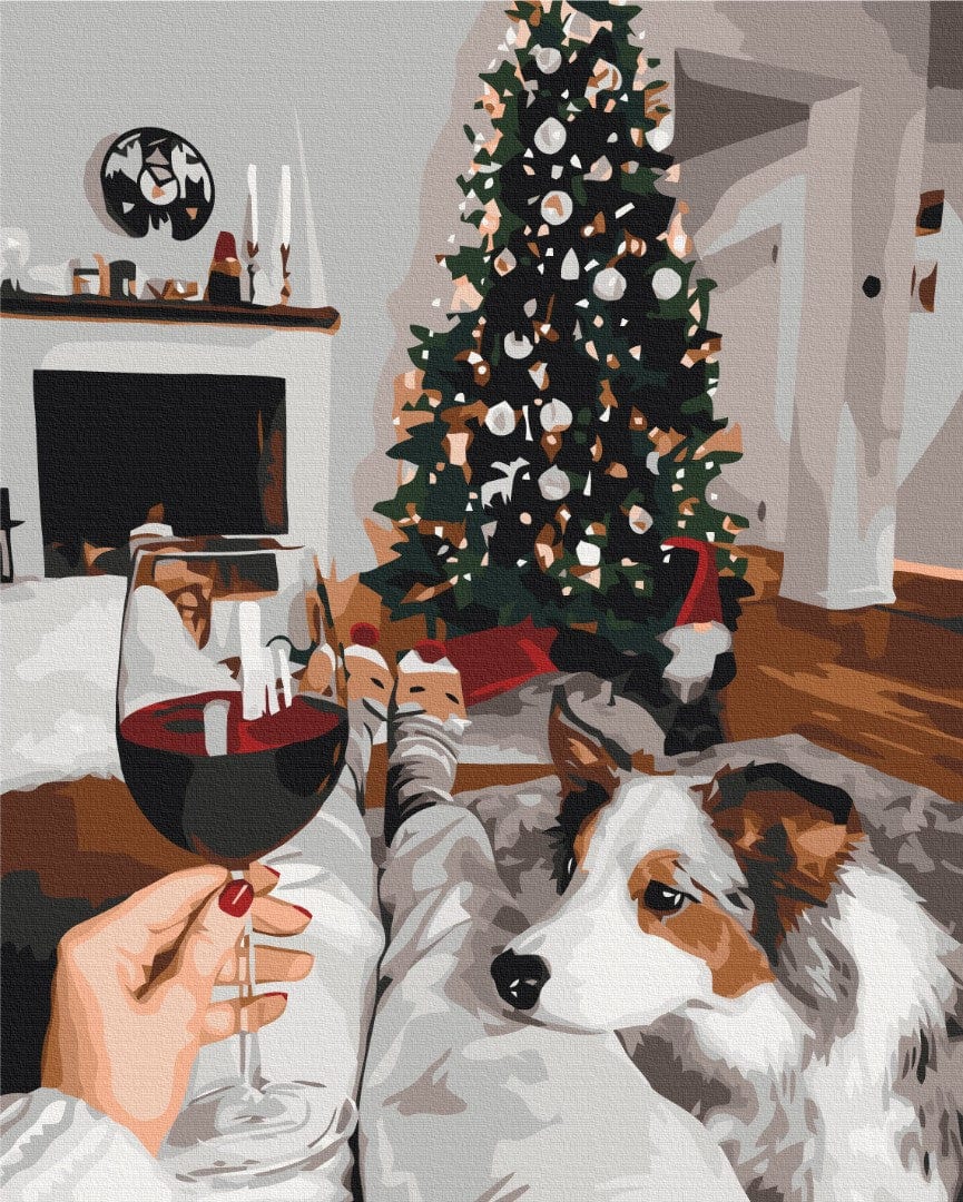 Malen-nach-Zahlen-Motiv: Weinglas, Weihnachtssocken und ein flauschiger Hund am Baum und Kamin