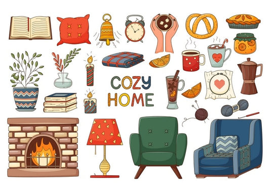 Collage of cozy home items: fireplace, armchairs, mulled wine, and a pretzel