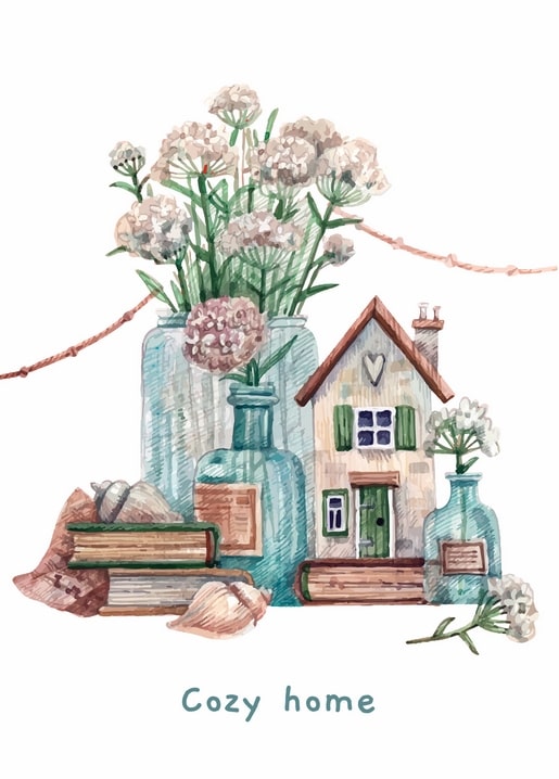 Watercolor still life with a tiny house, jars of wildflowers, books and seashells, labeled Cozy Home