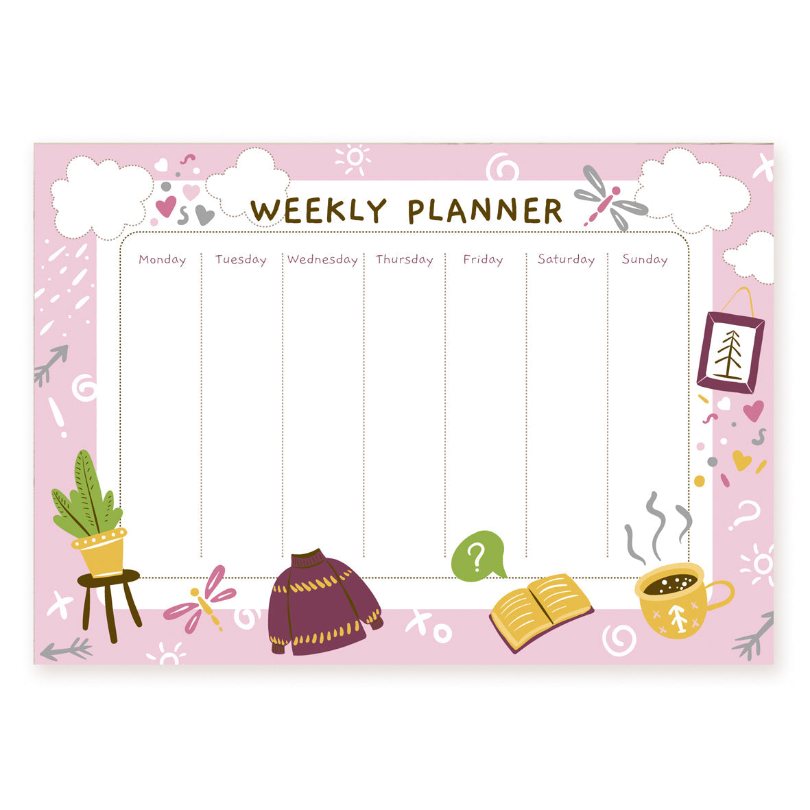 Pink weekly planner sheet with houseplant, sweater, coffee cup and book