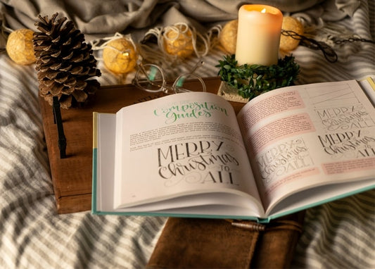 Open book with hand-lettering, lit candle, and pine cone on a winter flat-lay