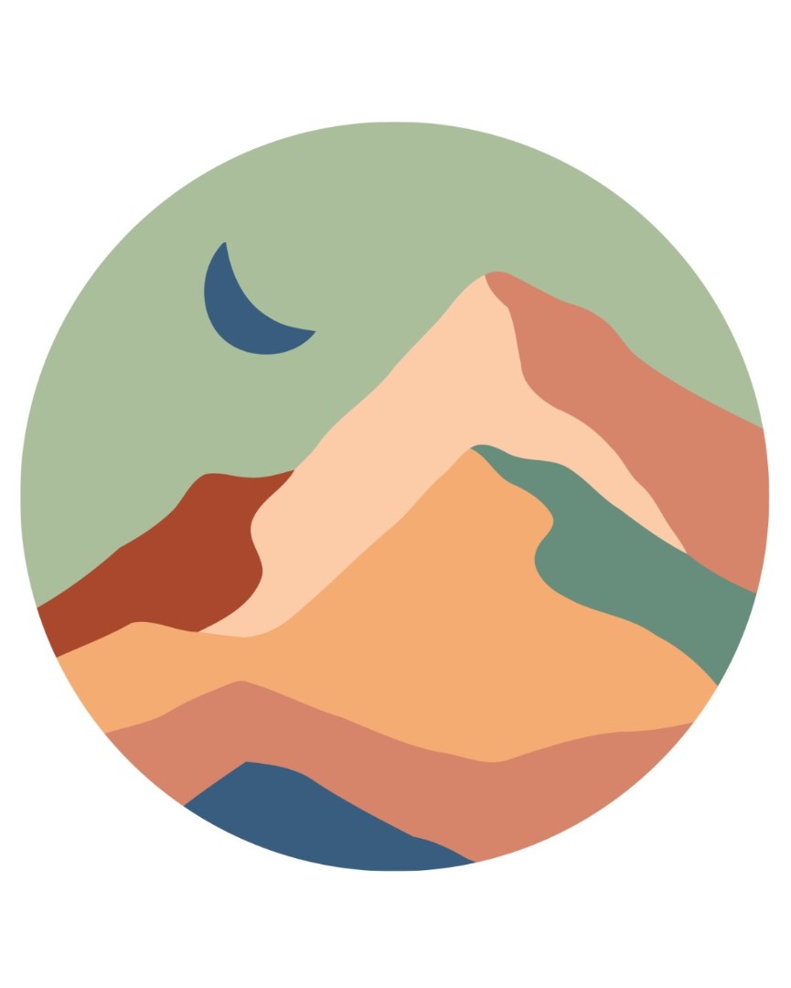 Crescent moon over a minimalist abstract mountain landscape in earth tones