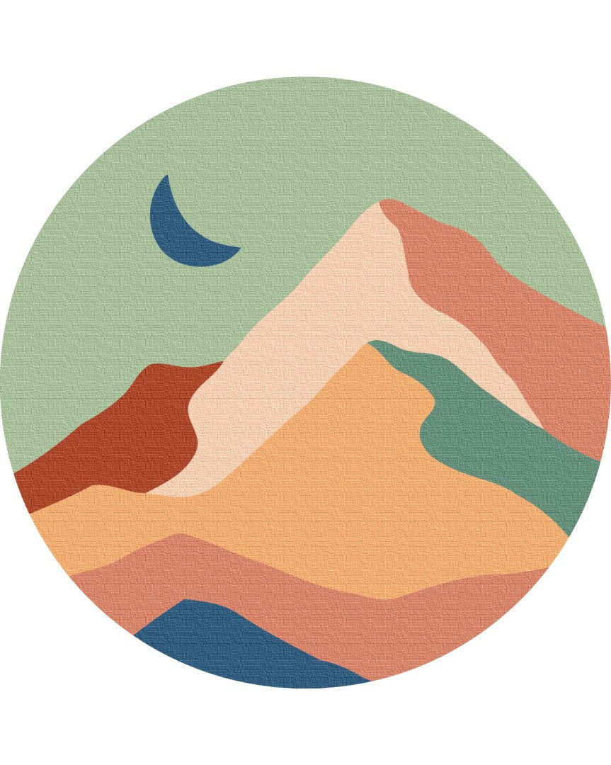 Round paint-by-numbers canvas of terracotta mountains under a crescent moon