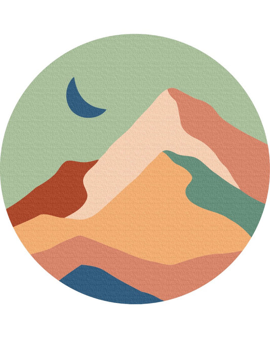 Round paint-by-numbers canvas of terracotta mountains under a crescent moon