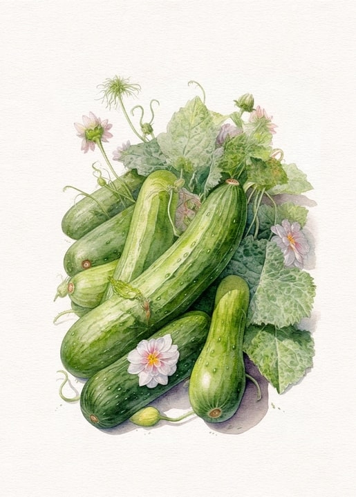 Watercolor cluster of garden cucumbers with curling tendrils and pale pink blossoms