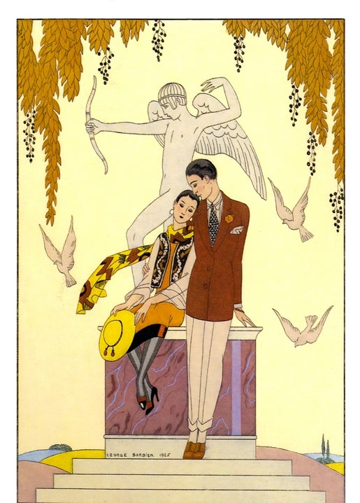 Art Deco illustration of Cupid aiming a bow above a stylish 1920s couple, George Barbier, 1925
