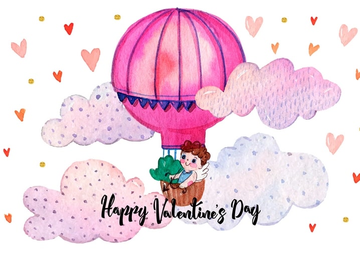 Amor fliegt im rosa Heißluftballon durch Wolken und Herzen mit dem Schriftzug Happy Valentine's Day